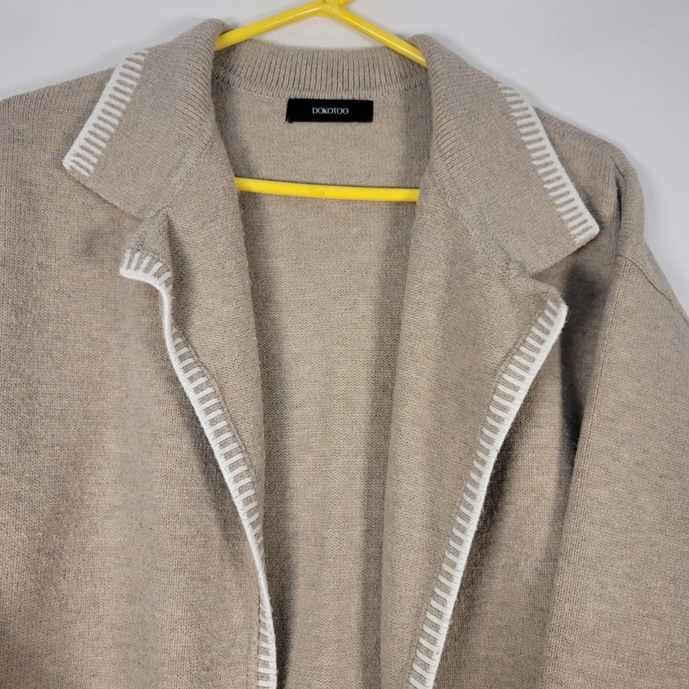 Dokotoo Cardigan Womens L Beige Open Front Knit Sweater Pockets Trim Cozy Winter - Picture 2 of 11